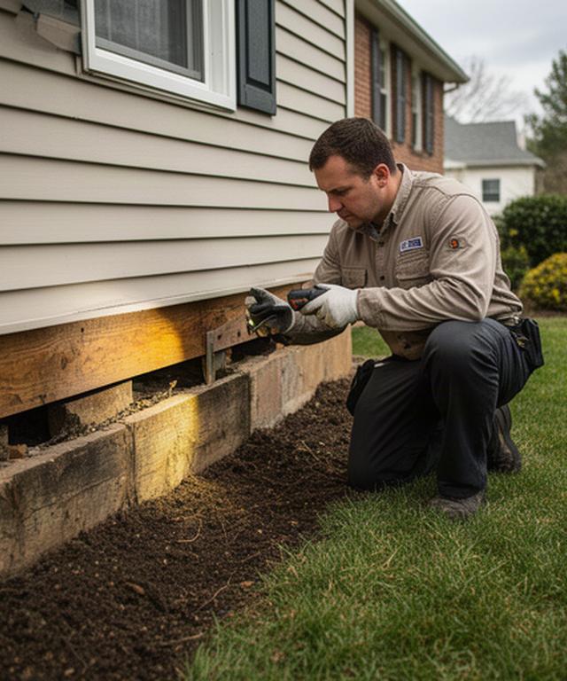 Pest professional inspecting a wooden foundation beside a Maryland home