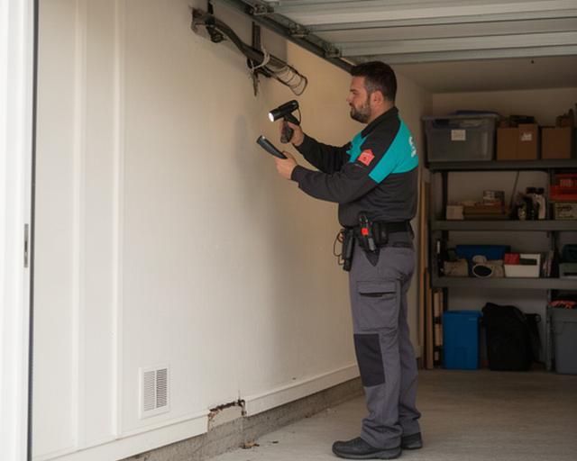 Pest technician inspecting a garage wall for rodent entry points in a Beltsville home