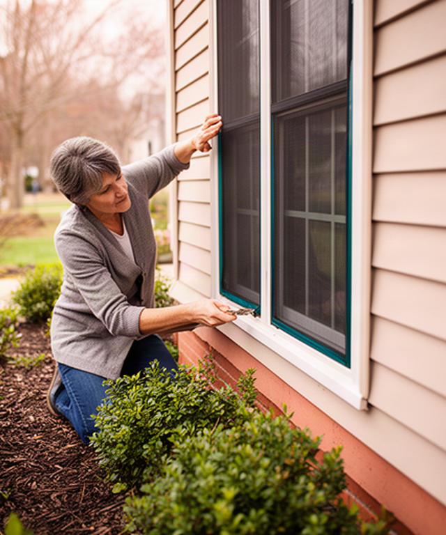 Homeowner checking a screened window beside a tidy Beltsville garden in early spring